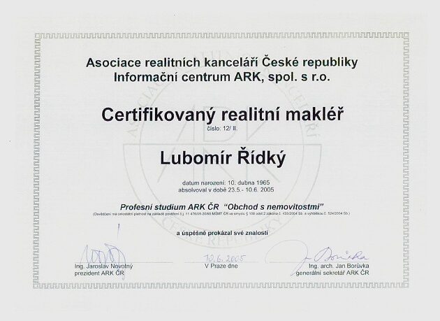 Asociace realitních kanceláří - certifikát